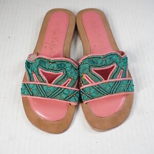 Meher Kakalia Anthropologie Beaded‎ Pink Leather Flat Slide Sandals Beach 37 US7